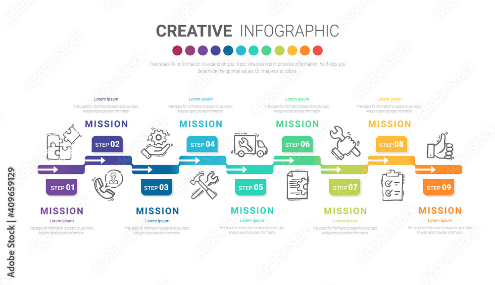 Timeline infographic design elements for your business with 9 options.
