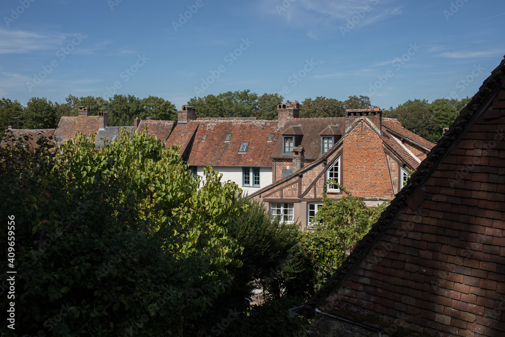 Rooftop of Gerberoy, Old village in France, half-timbered houses, known for roses, listed in the plus beaux villages de France (Most beautiful French villages). Gerberoy, Oise, France.