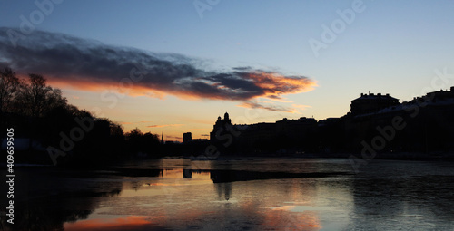 Sunrise in the nordic city Stockholm with winter landscape and northern weather
