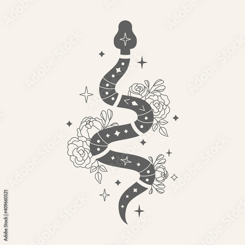 Vintage vector illustration of snakes and flowers.