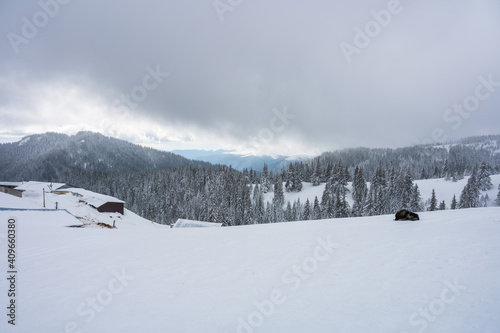 Obraz na płótnie Snow covered mountain hut in Ciucas mountains during Romanian winter w salonie