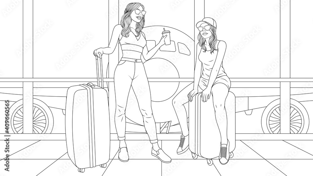Vector illustration, two beautiful girls are traveling, waiting for a flight at the airport, having fun Vector illustration, two beautiful girls are traveling, waiting for a flight at the airport, having fun