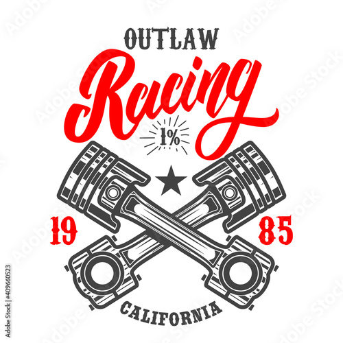 Racing. Emblem template with crossed pistons. Design element for logo, label, sign, emblem, poster. Vector illustration