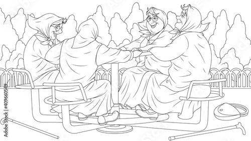 Vector illustration, funny grandmothers ride the carousel in the playground