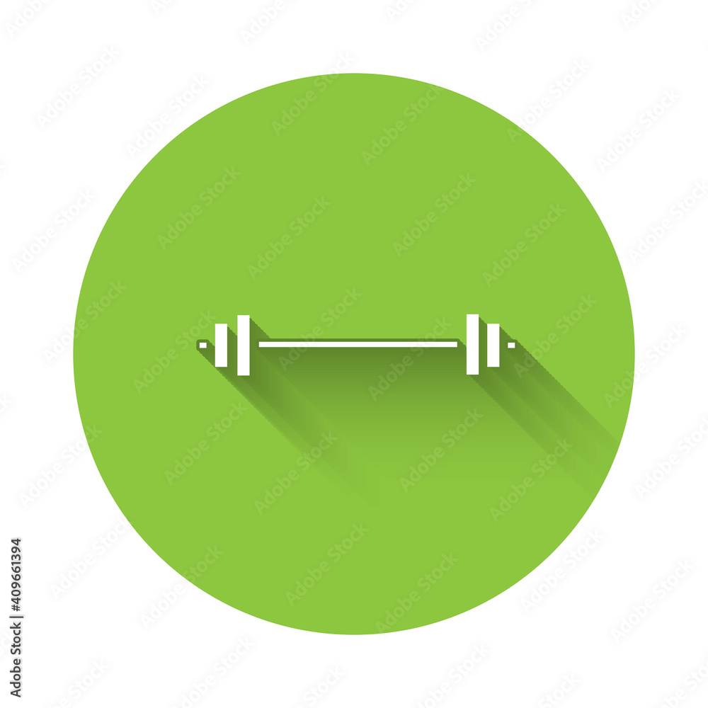 White Barbell icon isolated with long shadow. Muscle lifting icon, fitness barbell, gym, sports equipment, exercise bumbbell. Green circle button. Vector Illustration. White Barbell icon isolated with long shadow. Muscle lifting icon, fitness barbell, gym, sports equipment, exercise bumbbell. Green circle button. Vector Illustration.