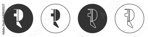 Black Fencing helmet mask icon isolated on white background. Traditional sport defense. Circle button. Vector Illustration.