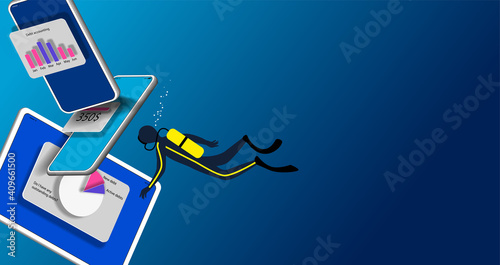 Scuba diver swims up to mobile phones and digital tablet