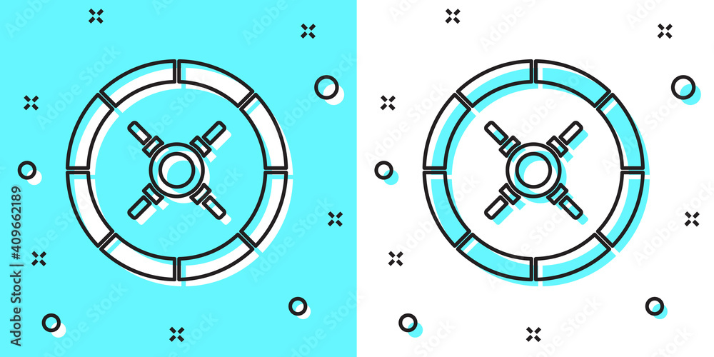 Black line Safe icon isolated on green and white background. The door safe a bank vault with a combination lock. Reliable Data Protection. Random dynamic shapes. Vector Illustration. Black line Safe icon isolated on green and white background. The door safe a bank vault with a combination lock. Reliable Data Protection. Random dynamic shapes. Vector Illustration.
