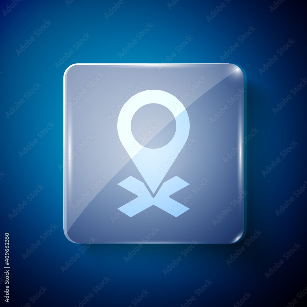 White Map pin icon isolated on blue background. Navigation, pointer, location, map, gps, direction, place, compass, search concept. Square glass panels. Vector Illustration. White Map pin icon isolated on blue background. Navigation, pointer, location, map, gps, direction, place, compass, search concept. Square glass panels. Vector Illustration.