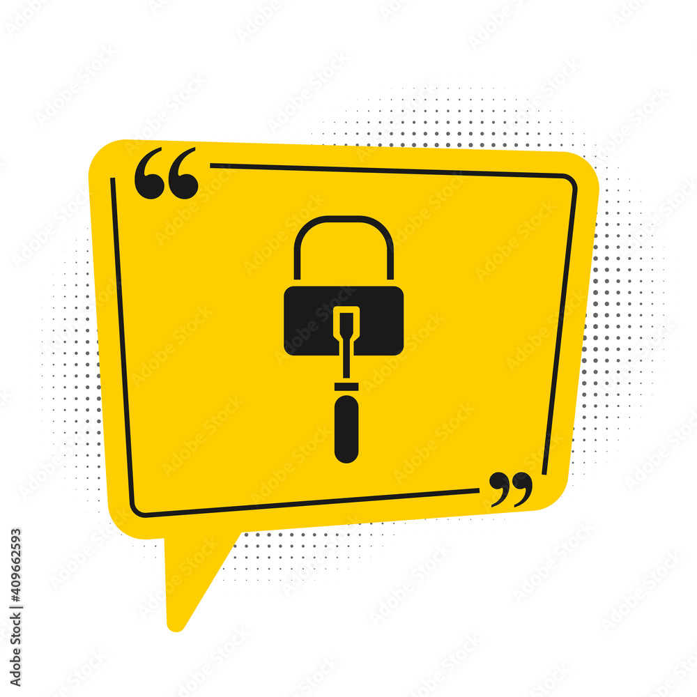 Black Lockpicks or lock picks for lock picking icon isolated on white background. Yellow speech bubble symbol. Vector Illustration. Black Lockpicks or lock picks for lock picking icon isolated on white background. Yellow speech bubble symbol. Vector Illustration.