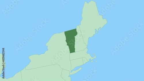 Map of Vermont with pin of country capital. Vermont Map with neighboring countries in green color.
