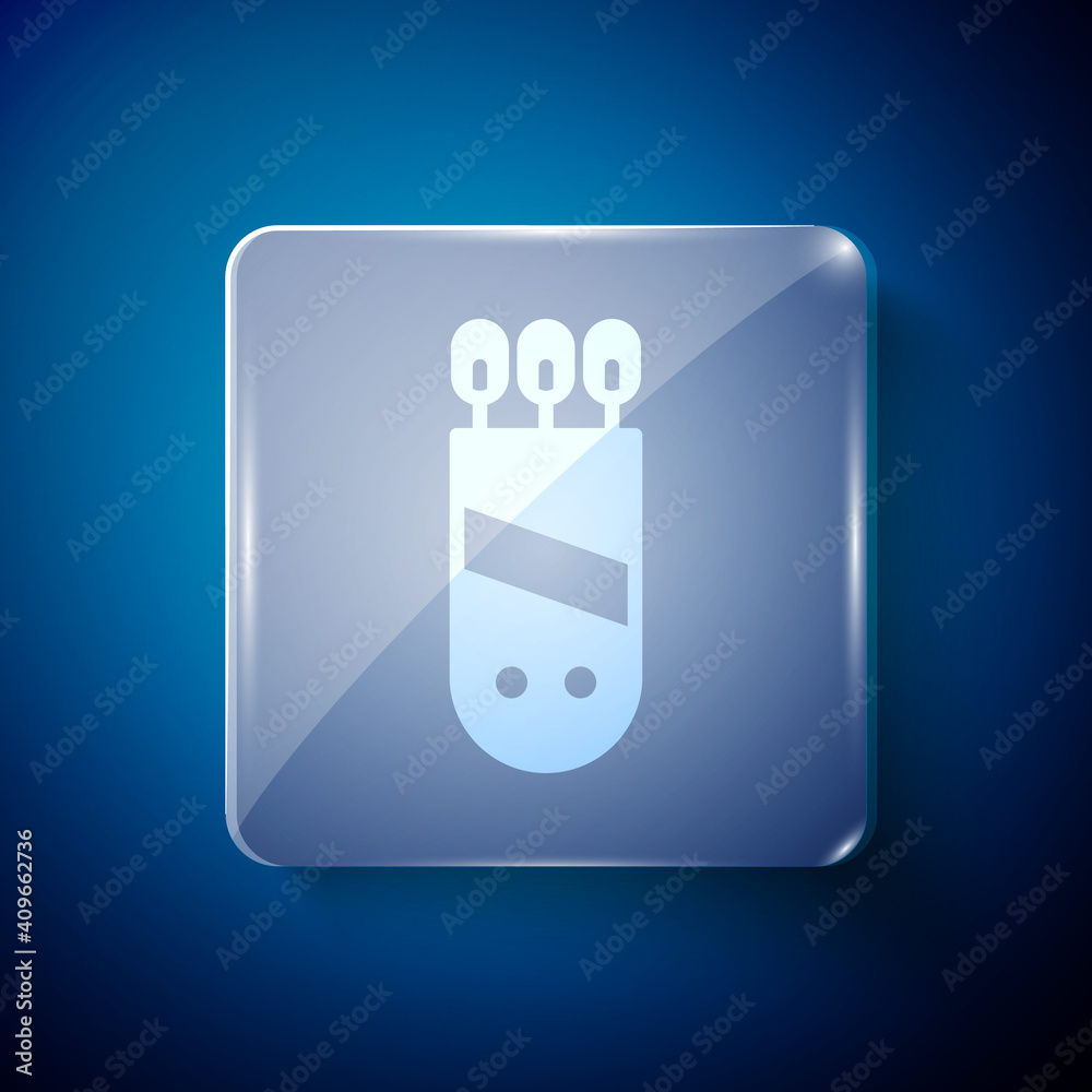 White Quiver with arrows icon isolated on blue background. Square glass panels. Vector. White Quiver with arrows icon isolated on blue background. Square glass panels. Vector.