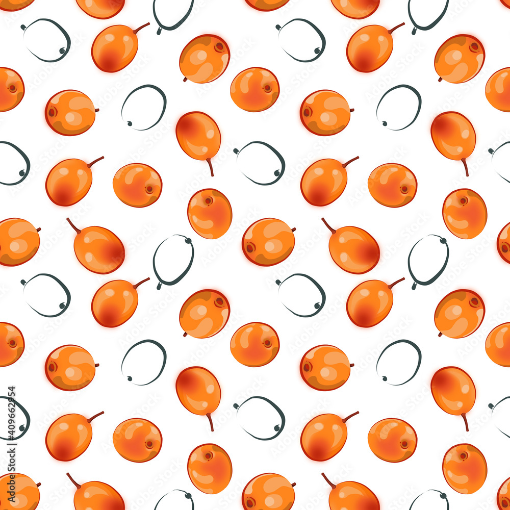 Color seamless pattern of sea buckthorn on a white background. 