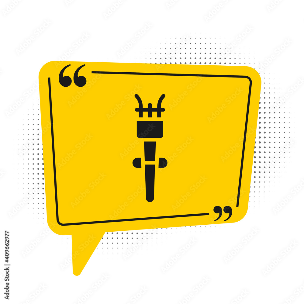 Black Torch flame icon isolated on white background. Symbol fire hot, flame power, flaming and heat. Yellow speech bubble symbol. Vector. Black Torch flame icon isolated on white background. Symbol fire hot, flame power, flaming and heat. Yellow speech bubble symbol. Vector.