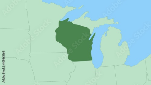 Map of Wisconsin with pin of country capital. Wisconsin Map with neighboring countries in green color.
