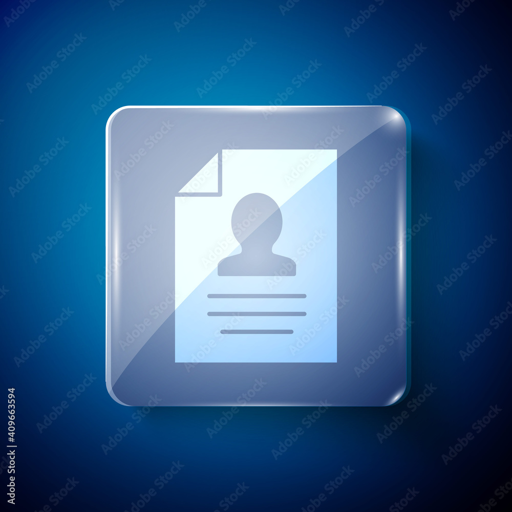White Resume icon isolated on blue background. CV application. Searching professional staff. Analyzing personnel resume. Square glass panels. Vector. White Resume icon isolated on blue background. CV application. Searching professional staff. Analyzing personnel resume. Square glass panels. Vector.