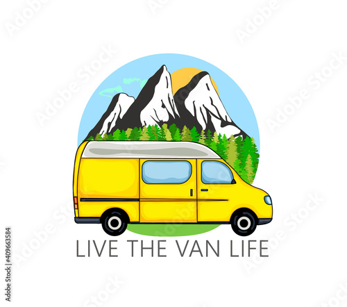 Camper van with forest and mountains in the background. Living van life, camping in the nature, travelling. Live the van life text. Illustration. 