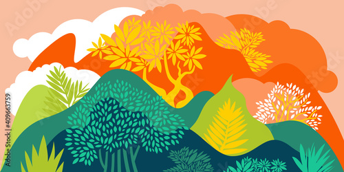 Landscape with hills, mountains and forests with broad-leaved trees. Conservation of the environment, national parks. Vector illustration. 