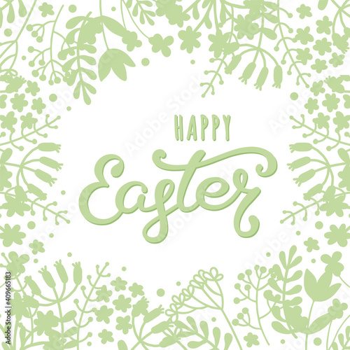 Happy Easter greeting card. Spring background with floral ornament, frame and hand lettering. Vector illustration.
