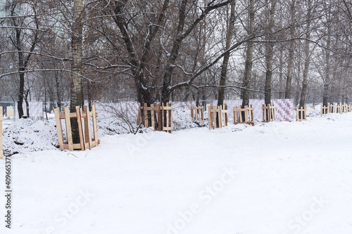 Improvement of the territory of the city park Otradnoye. Protecting trees during construction work. Moscow photo