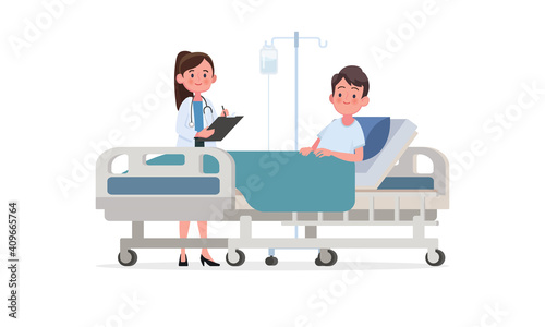 Doctor's visit to the ward of the patient. A sick person is in a medical bed on a drip. Vector illustration in a flat style