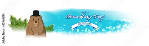 Vector illustration concept of Happy Groundhog Day greeting with cute groundhog coming out from snow covered ground. 2 February.