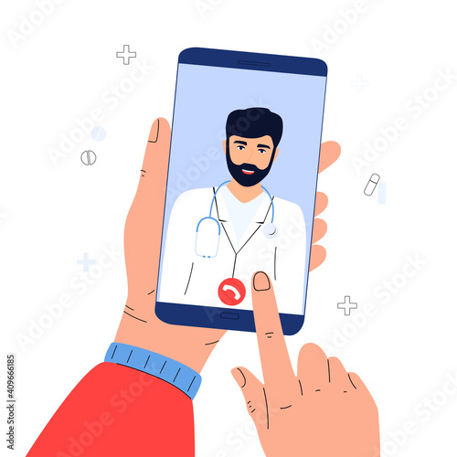 The patient makes a video call to the doctor online. Hands holding smartphone. Telemedicine concept. Medical worker advises a sick person remotely