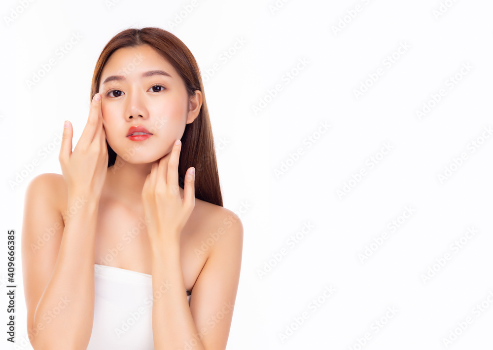 Attractive young woman has beauty facial skin. Portrait charming beautiful young asia female. Pretty girl touching her face, Glamour lady get happy with isolated on white background, copy space Attractive young woman has beauty facial skin. Portrait charming beautiful young asia female. Pretty girl touching her face, Glamour lady get happy with isolated on white background, copy space