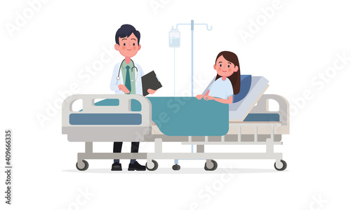 Doctor's visit to the ward of the patient. A sick person is in a medical bed on a drip. Vector illustration in a flat style