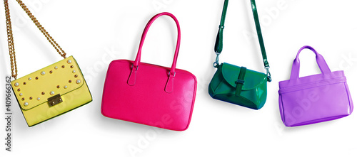 Fashion handbags isolated on white. Many handbags. Shopping image 
