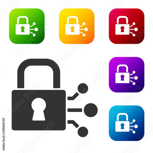 Black Lock with bitcoin icon isolated on white background. Cryptocurrency mining, blockchain technology, security, protect, digital money. Set icons in color square buttons. Vector.