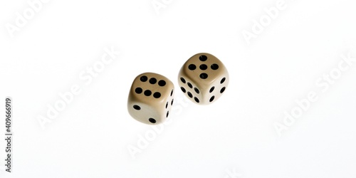 A pair of white dice thrown with the number eleven isolated on a white background