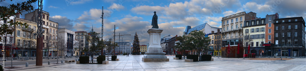 panoramic shot of the Place de Jaude in Clermont-Ferrand, deserted during confinement. Puy-de-Dome, France.