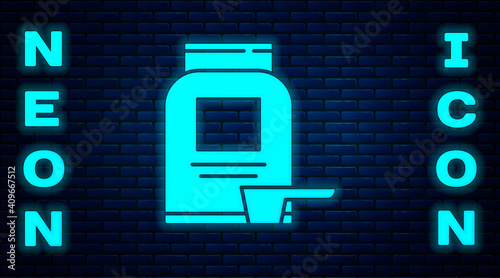 Glowing neon Sports nutrition bodybuilding proteine power drink and food icon isolated on brick wall background. Vector.