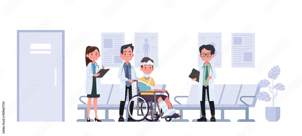 Medical concept with doctor and patients in flat cartoon at hospital hall. Medical concept with doctor and patients in flat cartoon at hospital hall.