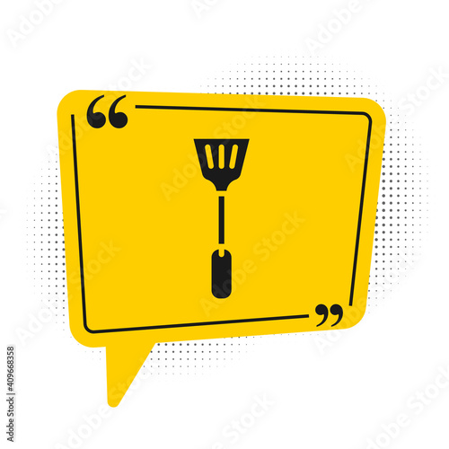 Black Fly swatter icon isolated on white background. Yellow speech bubble symbol. Vector.