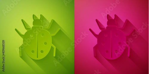Paper cut Mite icon isolated on green and pink background. Paper art style. Vector.