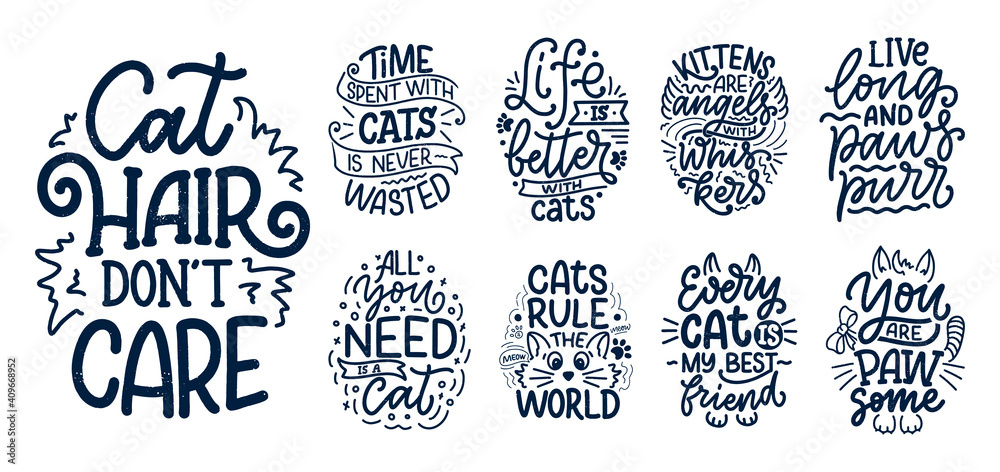 Fototapeta premium Set with funny lettering quotes about cats for print in hand drawn style. Creative typography slogans design for posters. Cartoon vector illustration.