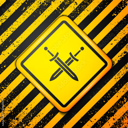 Black Crossed medieval sword icon isolated on yellow background. Medieval weapon. Warning sign. Vector.