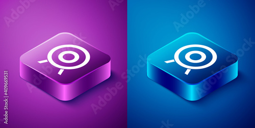 Isometric Target sport icon isolated on blue and purple background. Clean target with numbers for shooting range or shooting. Square button. Vector.