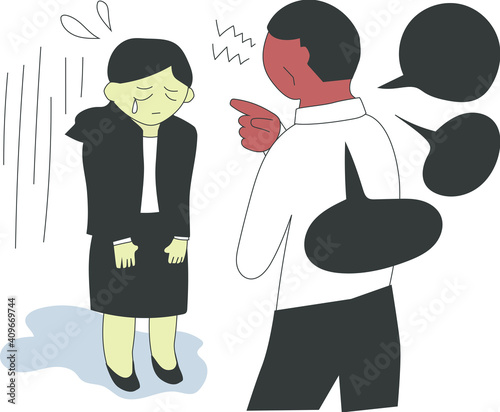男性上司のパワハラに怯えて涙を流す女性社員のイラスト