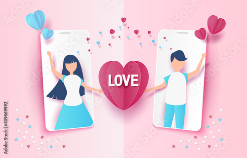 Happy Valentine's day in mobile phone concept background. Love Festival design concept,greetings Valentine's day, Paper cut design, text, banner, website, brochure, illustrations eps10.