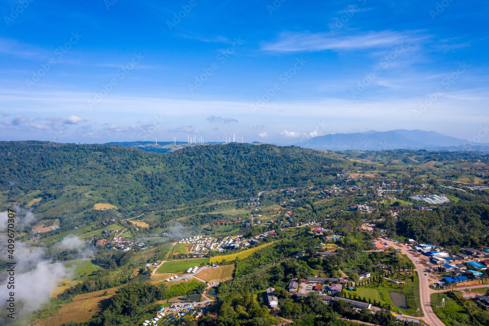 Aerial top view of Mountain and Mist in khao kho at the morning. Phetchabun Thailand.