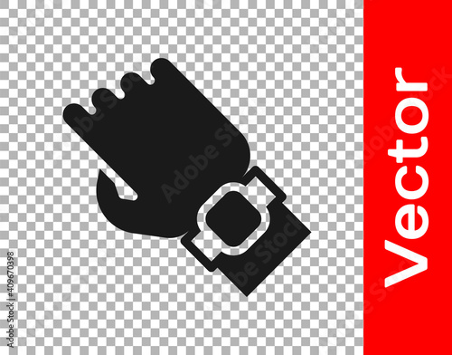 Black Smart watch on hand icon isolated on transparent background. Fitness App concept. Vector.
