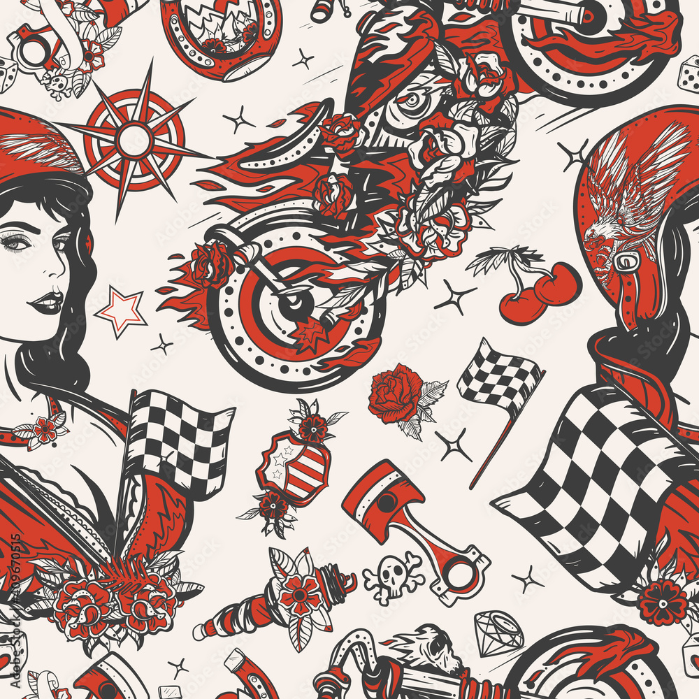 Bikers seamless pattern. Street racers background. Fashion girl, burning chopper motorcycle, rider woman. Moto sport concept