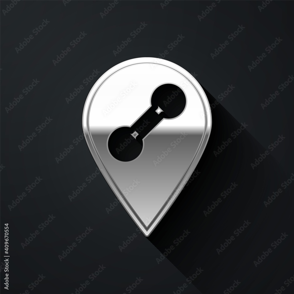 Silver Location gym icon isolated on black background. Long shadow style. Vector. Silver Location gym icon isolated on black background. Long shadow style. Vector.