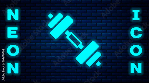 Glowing neon Dumbbell icon isolated on brick wall background. Muscle lifting icon, fitness barbell, gym, sports equipment, exercise bumbbell. Vector.