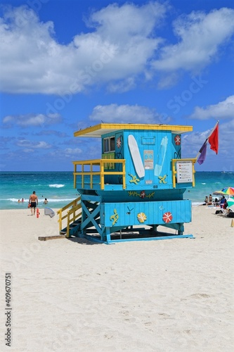 Miami, Florida, United States. A colorful tower of lifeguards in South Pointe Beach. 
