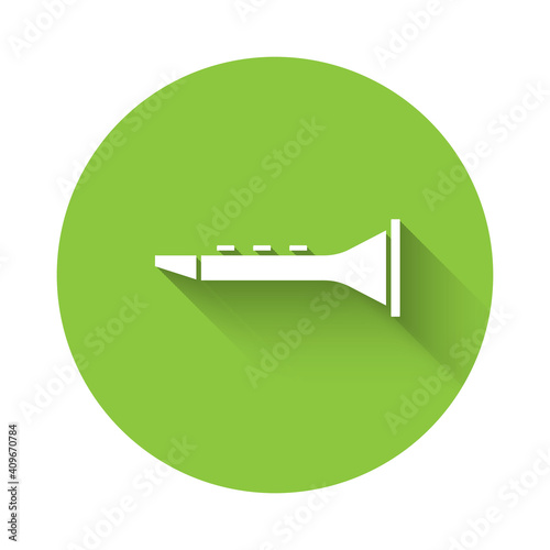 White Clarinet icon isolated with long shadow. Musical instrument. Green circle button. Vector.