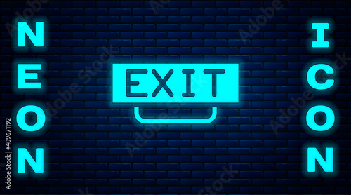 Glowing neon Fire exit icon isolated on brick wall background. Fire emergency icon. Vector.